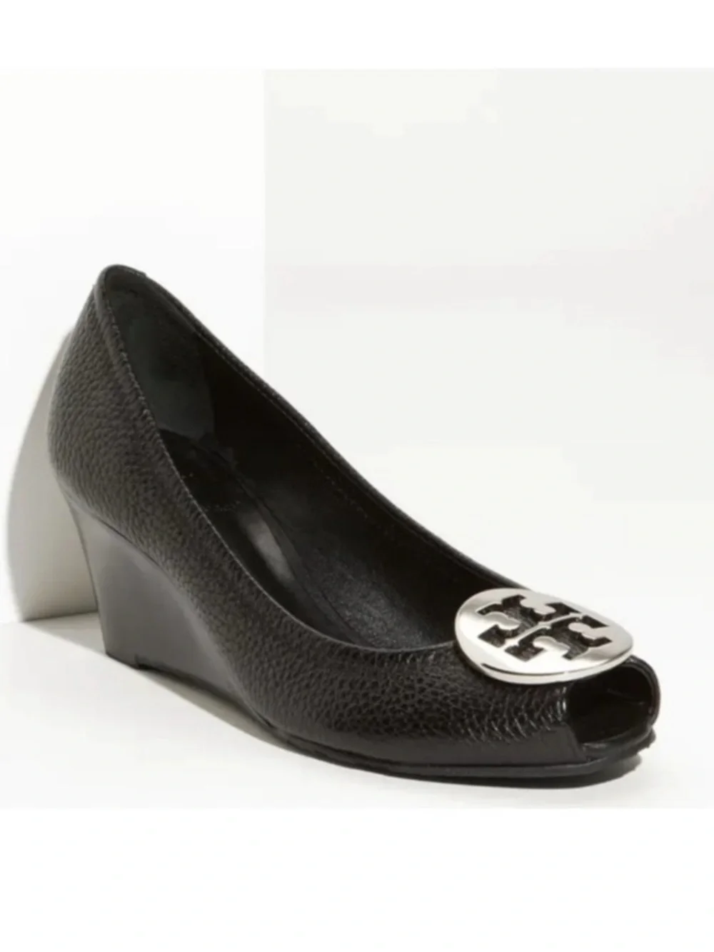 Tory Burch Sally Black Leather Peep Toe Wedge Size 6
